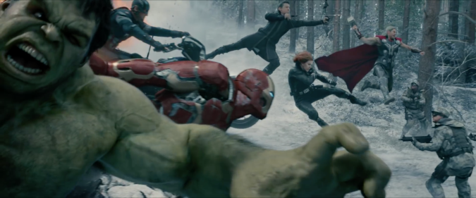 The Avengers met v.l.n.r.: Hulk, Iron Man, Captain America, Hawkeye, Black Widow en Thor.